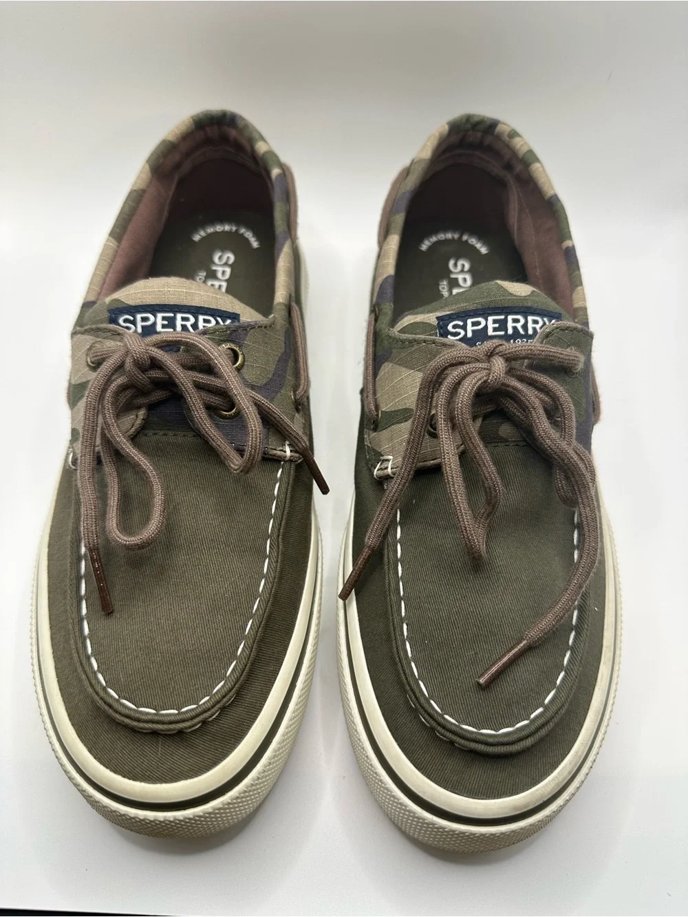 Sperry Olive Canvas Boat Shoes with Camo Trim